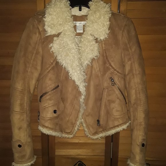 Rezrekshn SZ XS Tan Faux Shearling Cropped Bomber Jacket Zippers Pockets - Picture 1 of 6